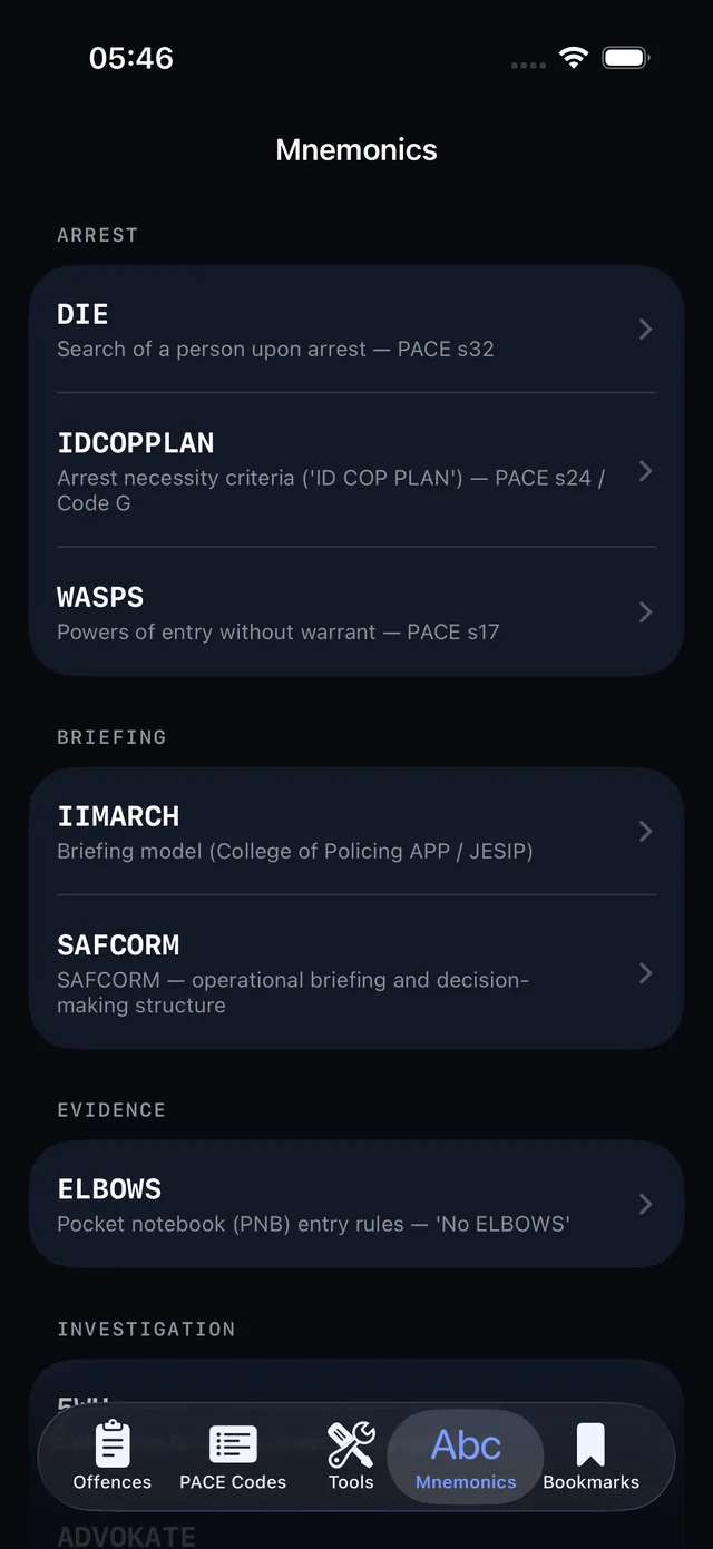 Section app — mnemonics reference